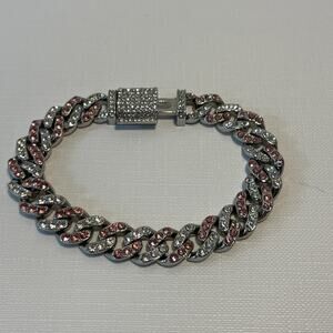 Iced Out Pink Cuban Link Bracelet Two Tone Silver Fashion